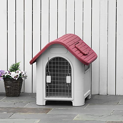 PawHut Niche Outdoor pour Chien Petit Clapier avec Lucarne Circulation de l'air Étanche Métal Plastique Rouge+Gris Clair
