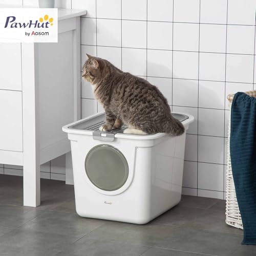 PawHut Maison de Toilette Bac à litière pour Chat Blanc 44L x 55L x 39H cm Double Porte Battante avec Pelle
