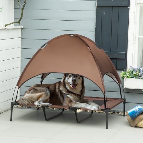 PawHut Lit pour Chien Grande Confort Anti-UV Tissu Oxford Micro-perforé + Parasol + Sac de Transport Inclus Marron Noir 