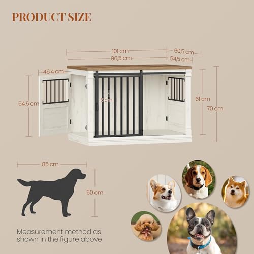 Cage HEXCELEN pour Chien Blanc et Marron, 101cm X 60,5cm X 70cm, 3 Portes et Table d'Appoint | Meuble moderne pour chien