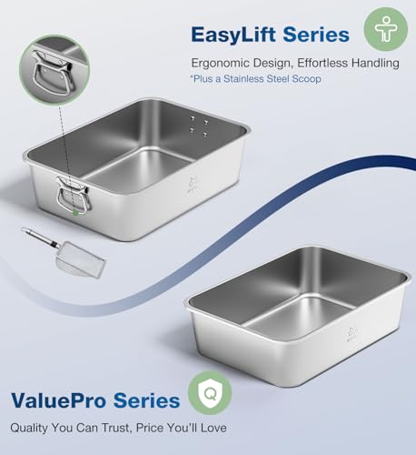 Bac Litière pour Chat en Inox - XXL, Anti-Adhérent et Anti-Odeurs, Facile à Nettoyer pour Grands Chats et Chatons