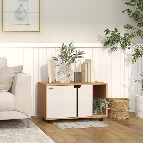 PawHut Maison de toilette pour chat naturelle et blanche, meuble cache-litière avec portes, tapis de fuite de sable, 2 t