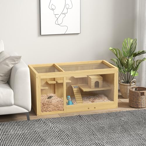 PawHut Cage de bois 100 cm pour hamsters et rongeurs | Idéal pour gerbilles | Avec balançoire, échelle et toit ouvrant |