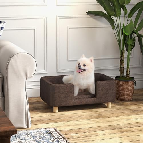 PawHut Canapé lit pour chien chiot - Moelleux Coussin Micro-Fibre Chocolat - Massif Bois Pieds - 74 x 48,5 x 31 cm - Con