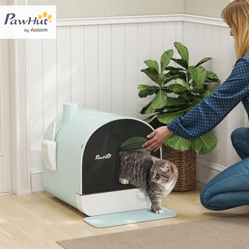 PawHut bac à sable pour chat fermé with porte avant pour chat, plateau amovible et pelle incluses - 43 x 44 x 47 cm