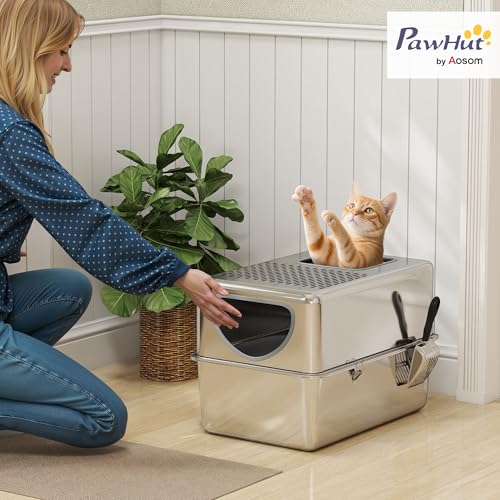 Litière PawHut XL Acier Inoxydable Élévée Pelle Incluse Argentée