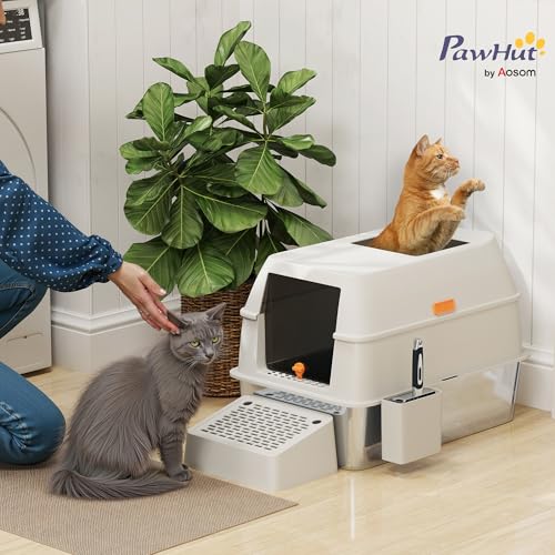 PawHut litière pour chats en acier inoxydable gris clair avec passage de sortie et pelle inclus