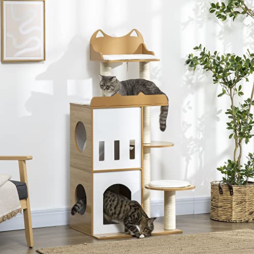 PawHut Arbre à Chat 133 cm - Arbre à Grimper en Sisal Naturel avec 5 Coussins, 2 Niches et Griffoirs pour Chat Blanc