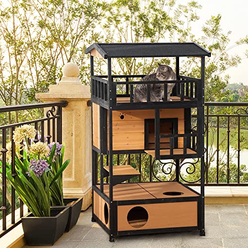 Maison en Bois de Sapin PawHut 4 Étages Niche Extérieure pour Chats