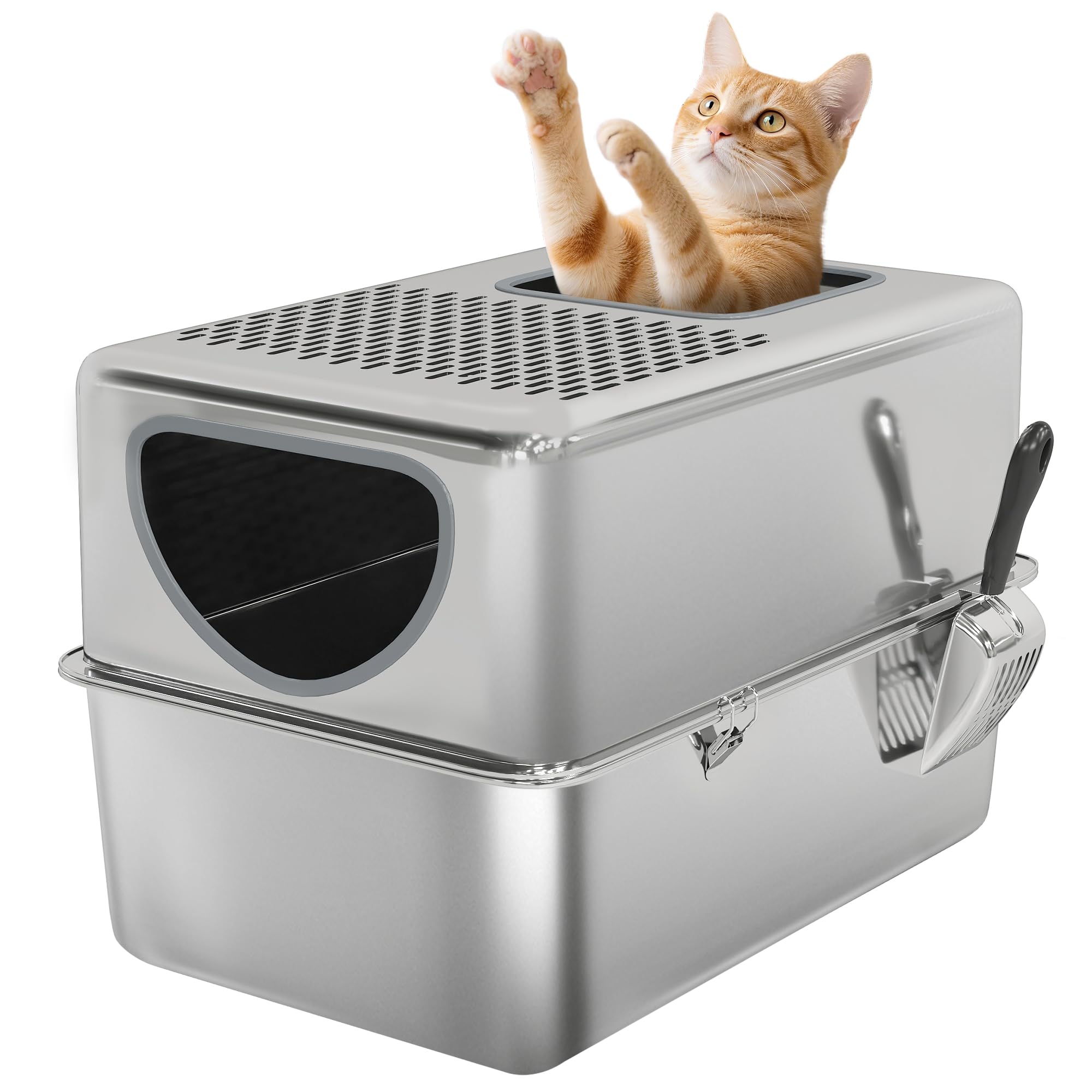 Litière PawHut XL Acier Inoxydable Élévée Pelle Incluse Argentée