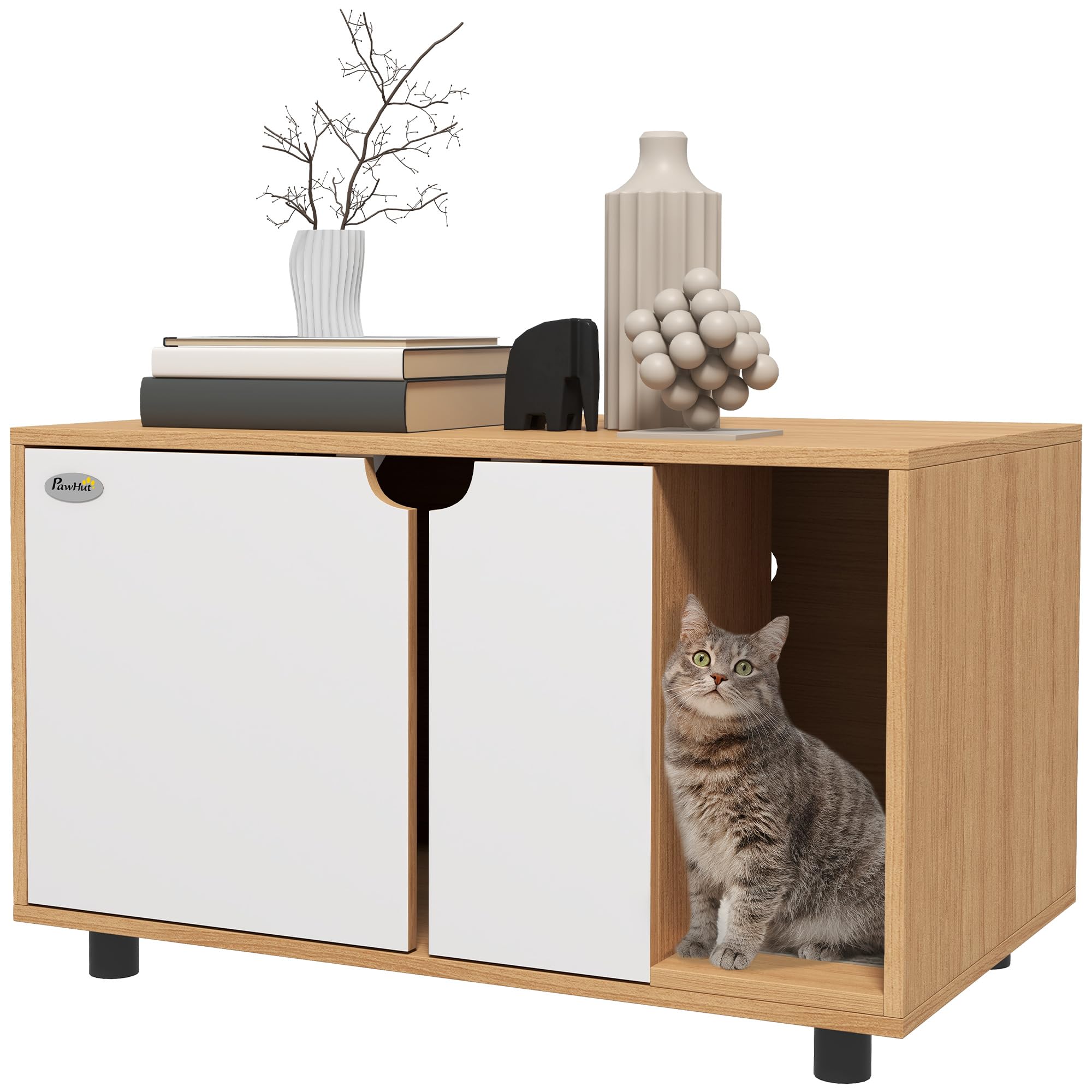 PawHut Maison de toilette pour chat naturelle et blanche, meuble cache-litière avec portes, tapis de fuite de sable, 2 t