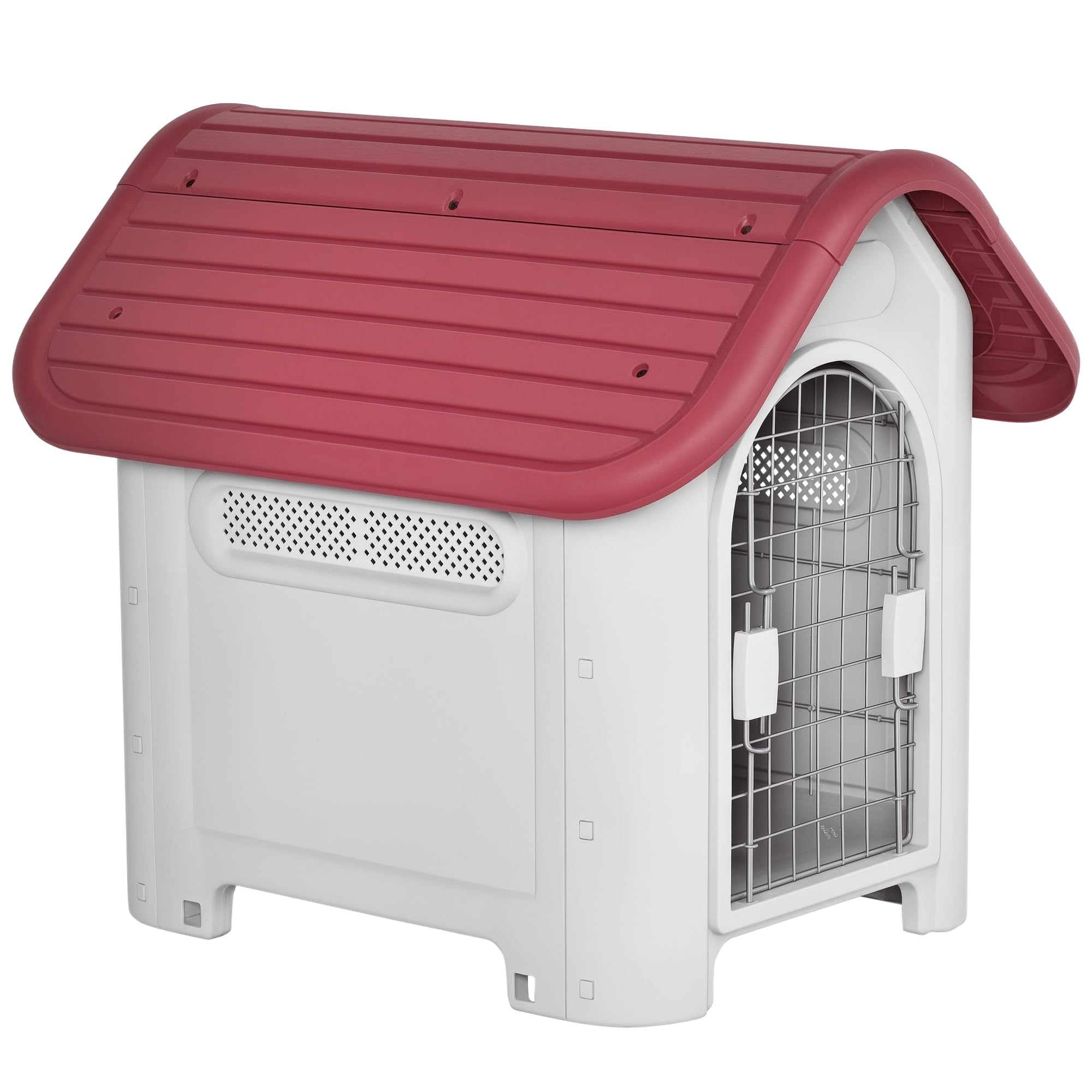 PawHut Niche Outdoor pour Chien Petit Clapier avec Lucarne Circulation de l'air Étanche Métal Plastique Rouge+Gris Clair