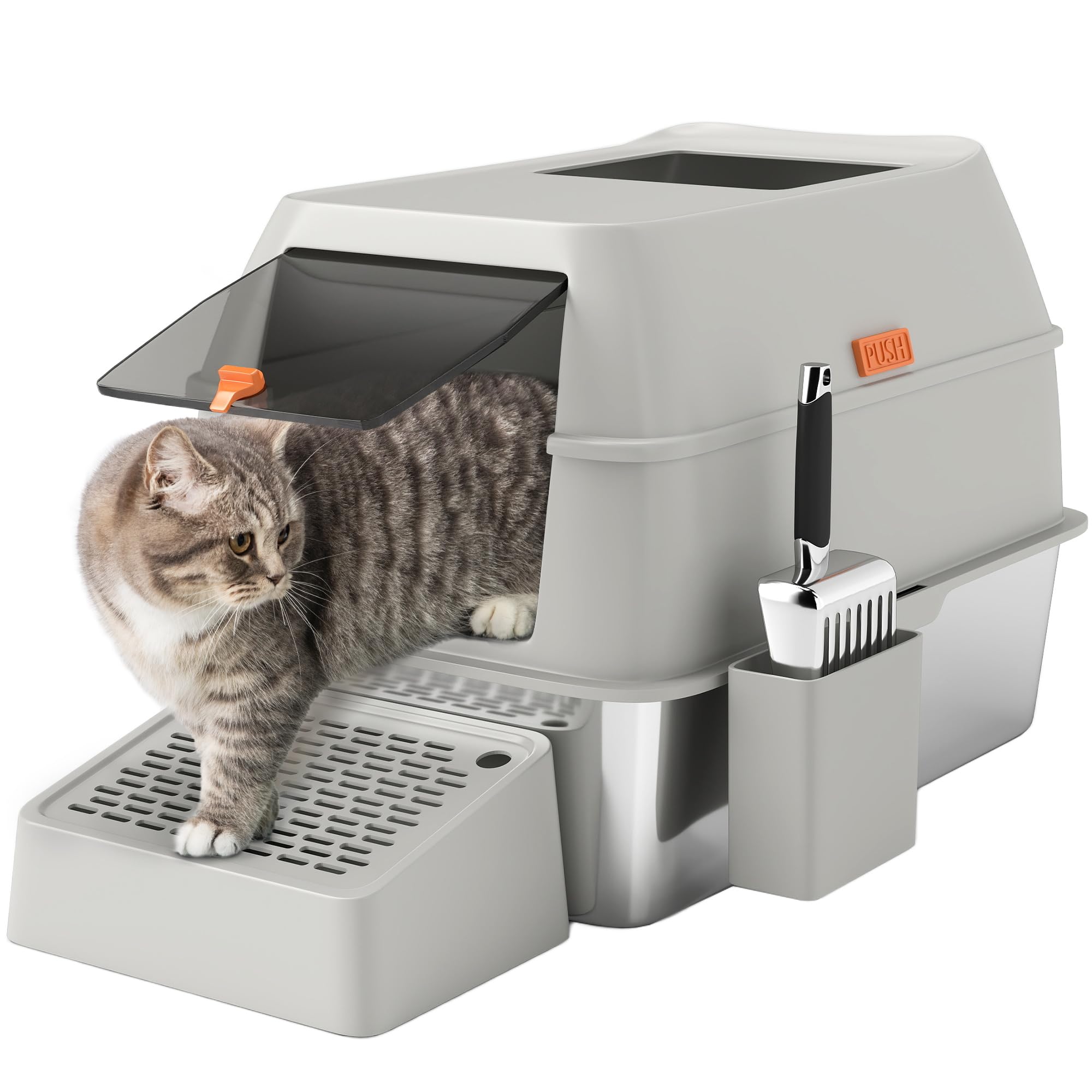 PawHut litière pour chats en acier inoxydable gris clair avec passage de sortie et pelle inclus