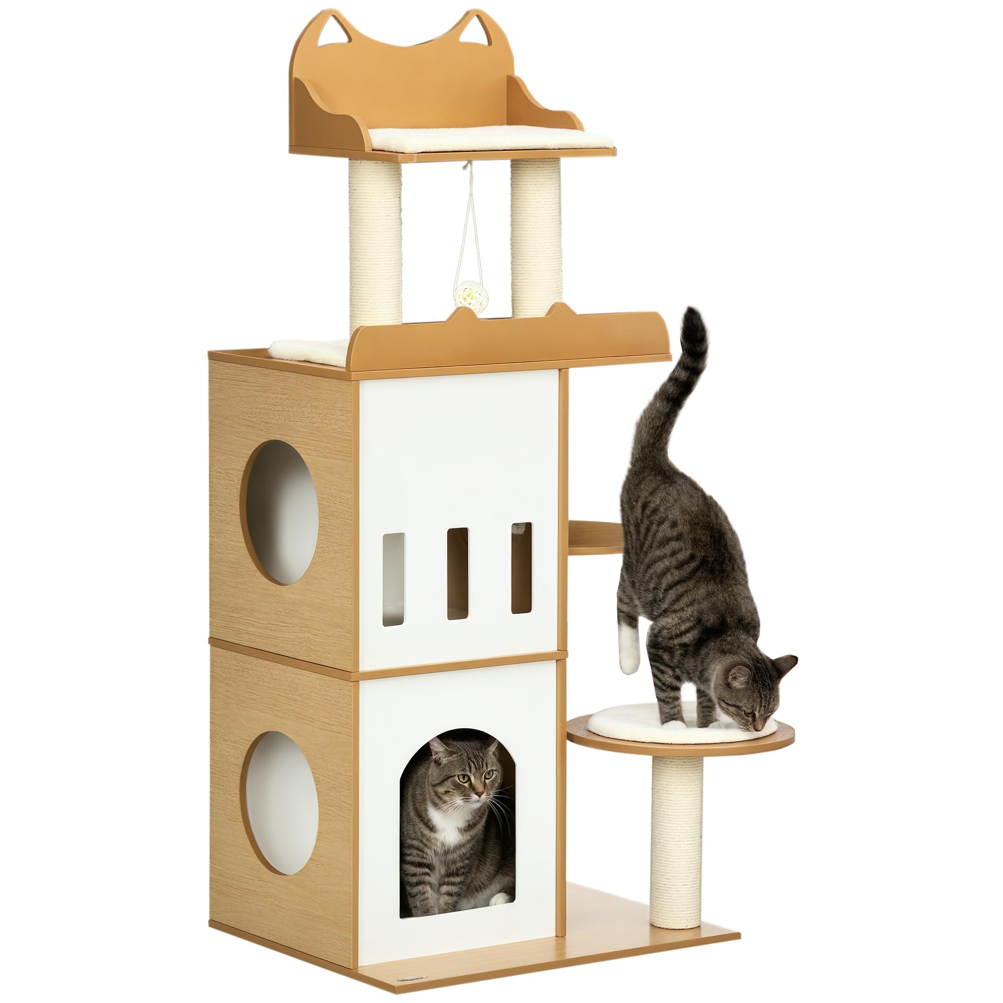 PawHut Arbre à Chat 133 cm - Arbre à Grimper en Sisal Naturel avec 5 Coussins, 2 Niches et Griffoirs pour Chat Blanc