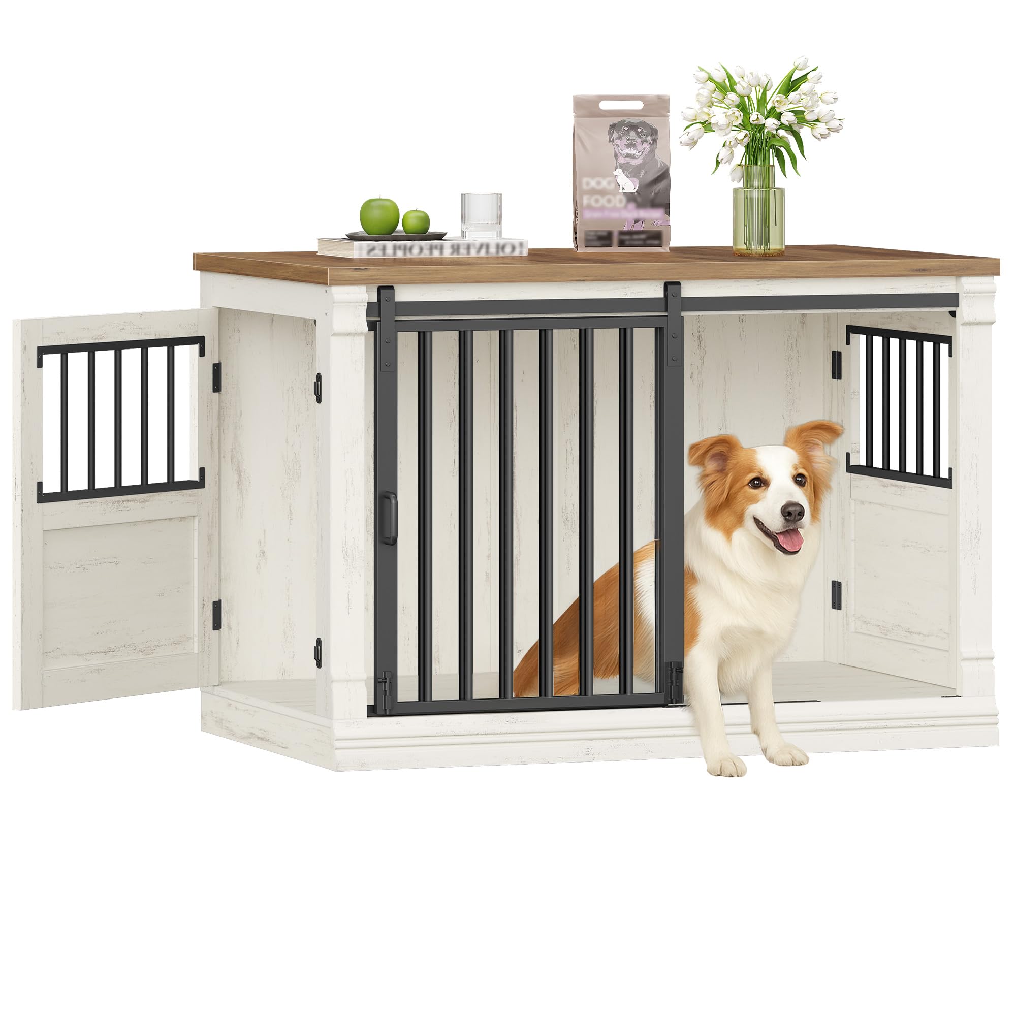 Cage HEXCELEN pour Chien Blanc et Marron, 101cm X 60,5cm X 70cm, 3 Portes et Table d'Appoint | Meuble moderne pour chien