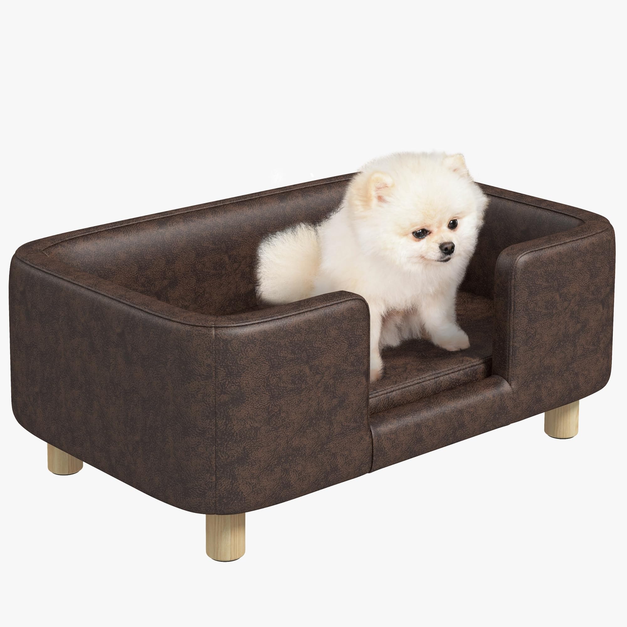 PawHut Canapé lit pour chien chiot - Moelleux Coussin Micro-Fibre Chocolat - Massif Bois Pieds - 74 x 48,5 x 31 cm - Con