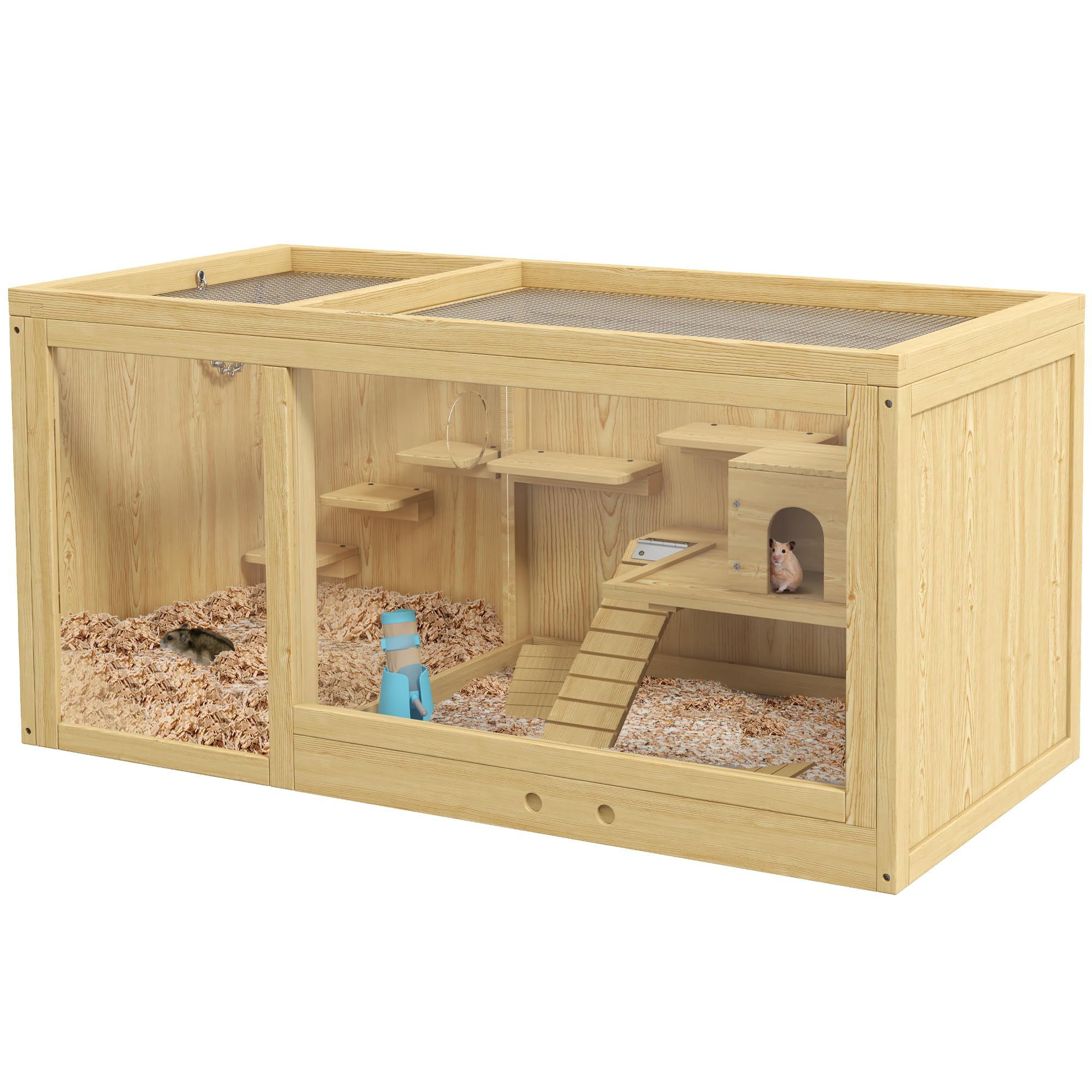 PawHut Cage de bois 100 cm pour hamsters et rongeurs | Idéal pour gerbilles | Avec balançoire, échelle et toit ouvrant |